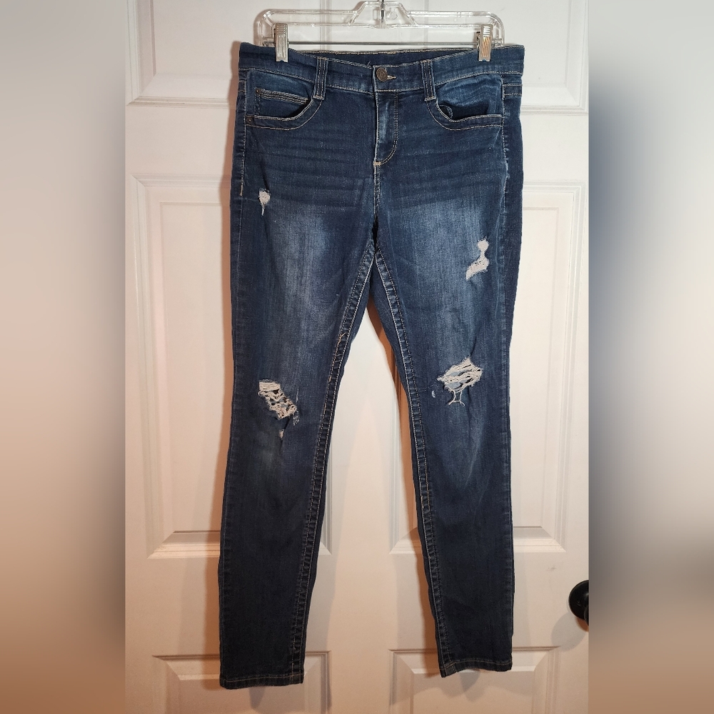 Stretchy Distressed Dark Blue Skinny Jeans Some Stretching Inner Thigh